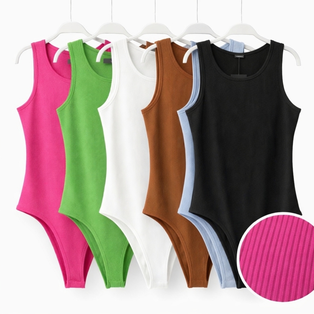 Women’s Sleeveless Ribbed Bodysuit Thong Snap Close Crotch 95% Cotton Size S/M